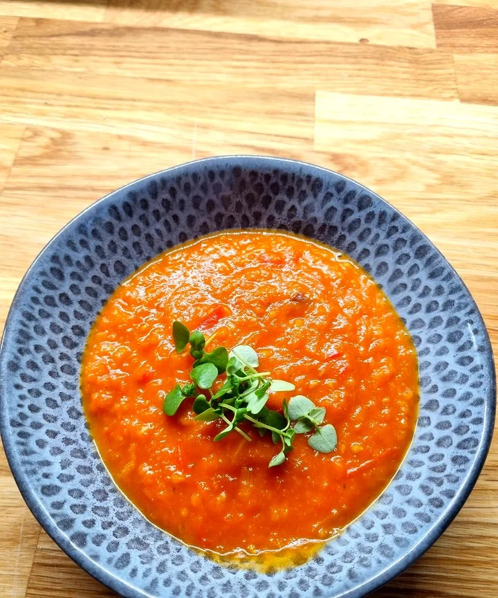 Vibrant tomato soup topped with fresh microgreens