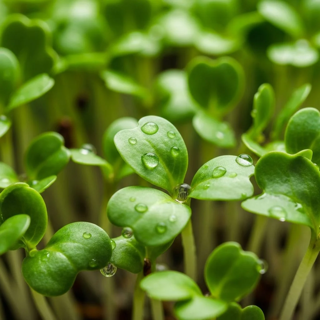Microgreens close up — dense seedling growth
